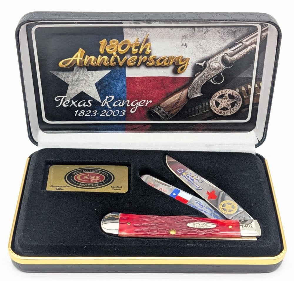 2025 Case XX Texas Ranger 180th Anni Red Bone Trapper 6254 w/ Case: Knives are in like new condition. Overall measures 4-1/8in when closed.