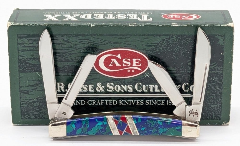 2005 Case XX Exotic Azurite Stone Congress Knife EX468 w/ Box: Knife is in very nice condition with light scuffs from handling. Overall measures 3in when closed.