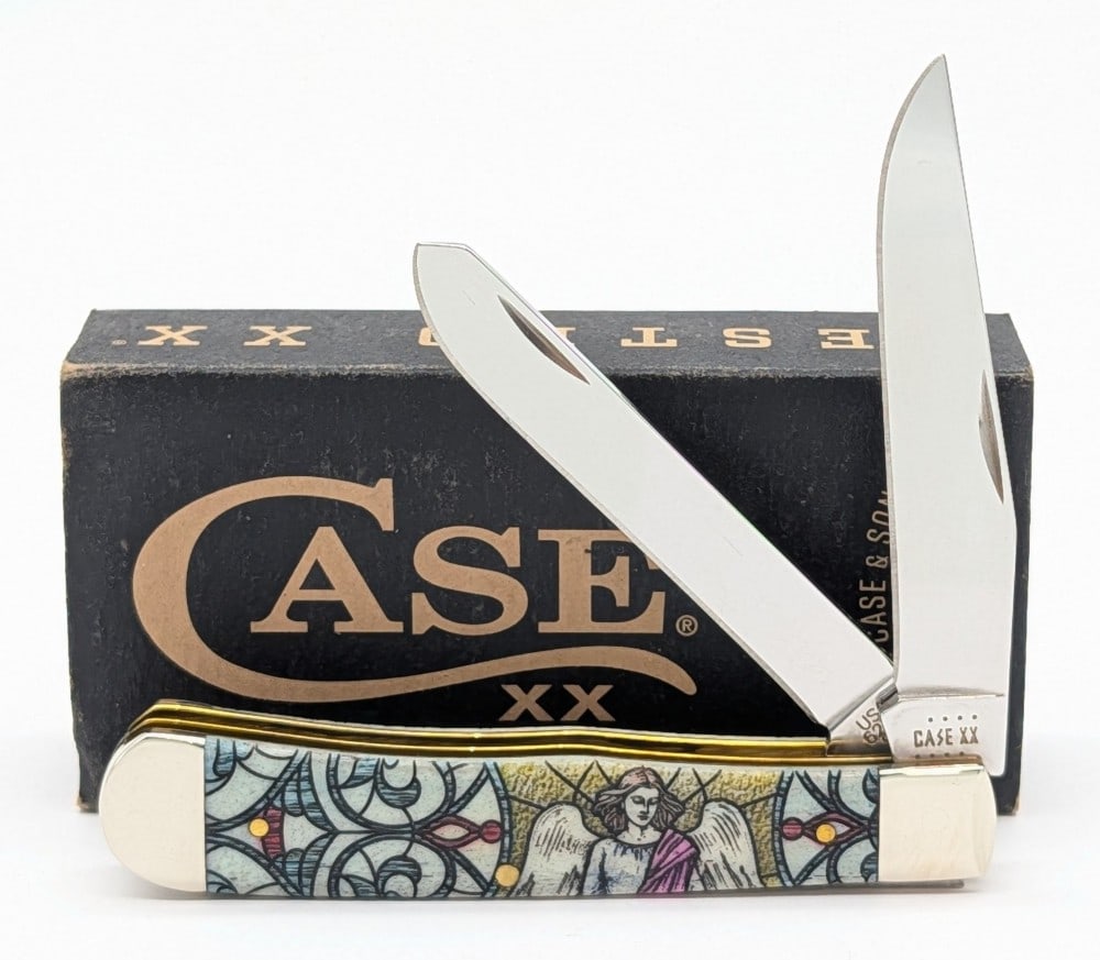 2022 Case XX Stained Glass Angel Natural Bone Trapper 6254 w/ Box: Knife is in like new condition. Overall measures 4-1/8in when closed.