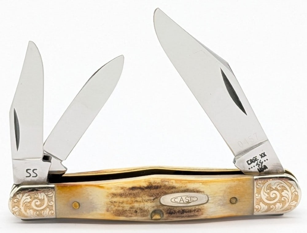 Ltd 1983 Case XX Scroll Bolster Stag Whittler 5383: Knife is numbered 0457, and is in very nice condition with minimal wear from handling. Overall measures 3-1/2in when closed.