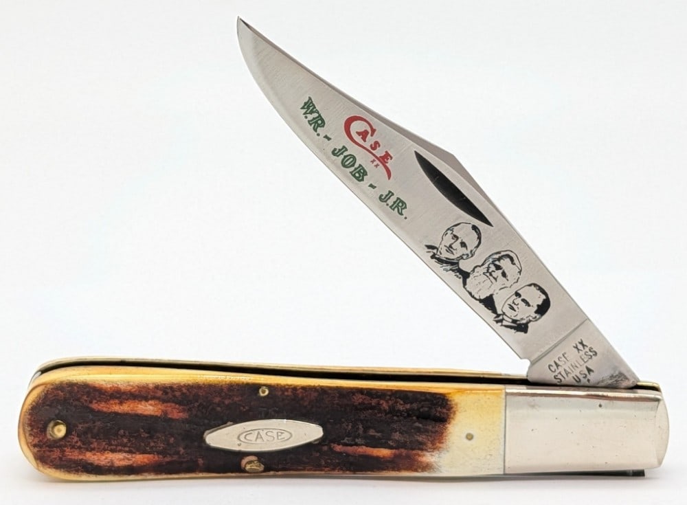 Ltd 1979 Case XX Case Family Stag Grand Daddy Barlow 5143: Knife is numbered C02038, and is in nice condition with some scuffs and tarnishing on the bolsters, and some separation of the front handle scale and liner. Overall measures 5in when closed.