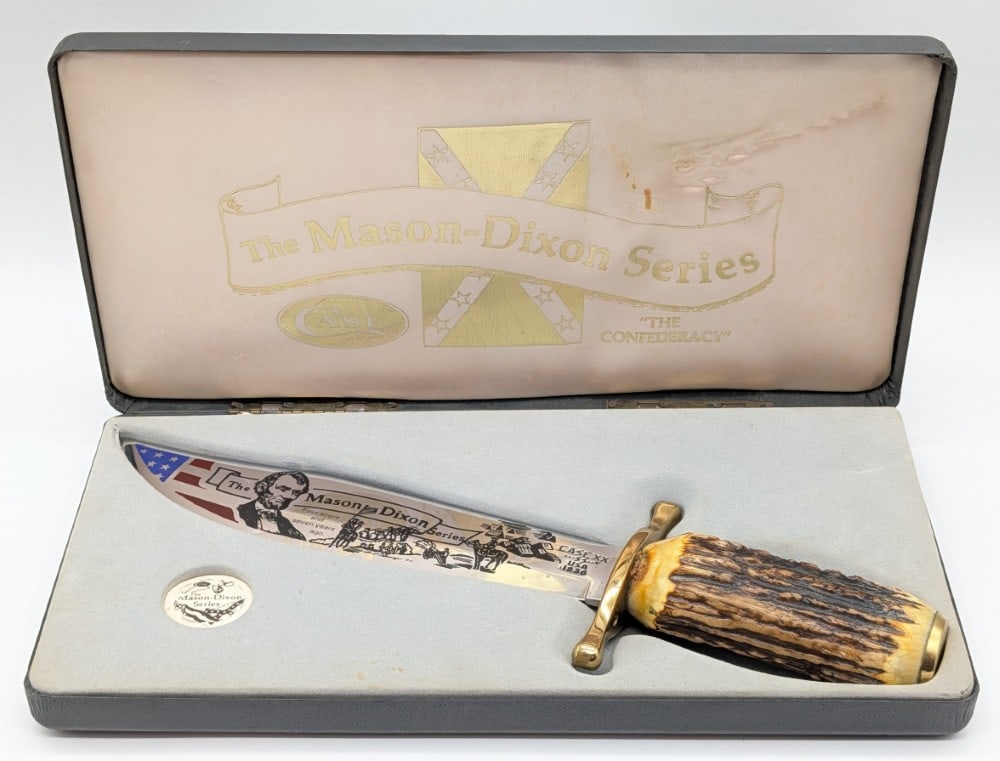 Ltd 1984 Case XX The Mason-Dixon Series Stag Bowie Knife w/ Case: Knife is numbered 310, and is in very nice condition with tarnishing on the brass from age. Blade length measures 9-1/2in and overall 14-1/2in.