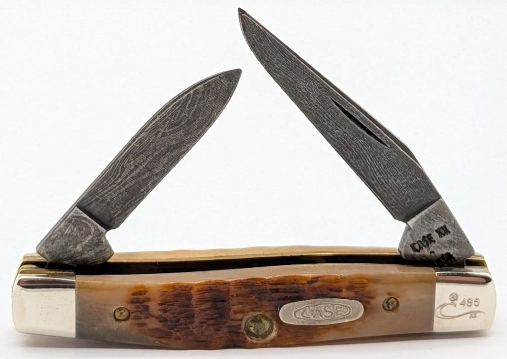 Ltd 1989 Case XX Rogers Bone Damascus Small Pen Knife ROG62033: Knife is numbered 485, and is in very nice condition with some scuffs and tarnishing on the bolsters from handling. Overall measures 2-3/4in when closed.
