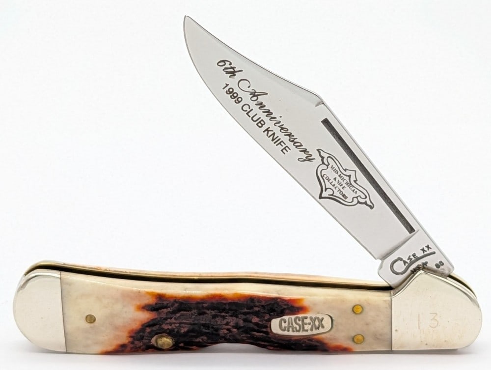 Ltd 1999 Case XX Mid-Michigan Knife Collectors Stag Copperlock 51549: Knife is numbered 13, and is in very nice condition with light scuffs on the bolsters from handling. Overall measures 4-1/4in when closed.