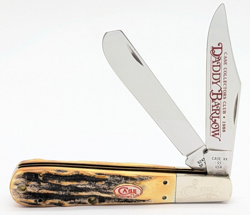 Ltd 1988 Case XX Collectors Club Stag Two Blade Grand Daddy Barlow 5243: Knife is numbered 0782, and is in very nice condition with light scuffs and some tarnishing on the bolsters from handling. Overall measures 5in when closed.