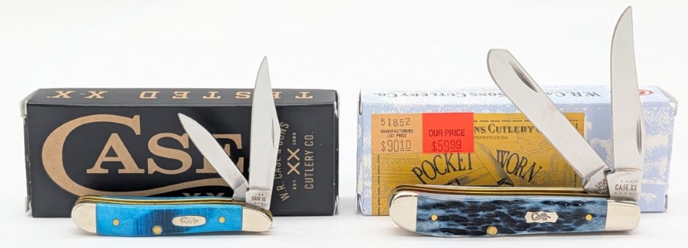 2022 & 25 Case XX Mediterranean & Caribbean Blue Bone Mini Trapper & Peanut w/ Boxes: Knives are in like new condition. Largest overall measures 3-1/2in when closed.