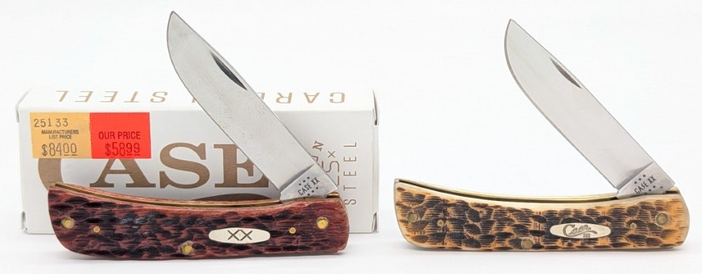 2023 & 24 Case XX Mahogany & Burnt Amber Bone Sod Buster Jr's 6207: Knives are in like new condition. Overall measures 3-5/8in when closed.