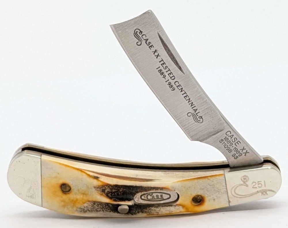 Ltd 1989 Case XX Centennial Stag Razor 511098: Knife is numbered 251, and is in very nice condition with light scuffs and some tarnishing on the bolsters from handling. Overall measures 2-7/8in when closed.