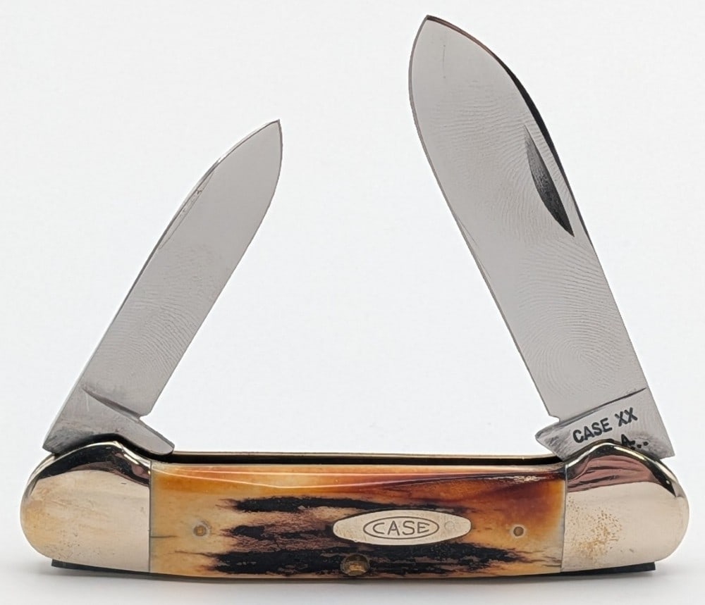 1972 Case XX Stag Canoe Knife 52131: Knife is in very nice condition with light scuffs and tarnishing on the bolsters from handling. Overall measures 3-5/8in when closed.
