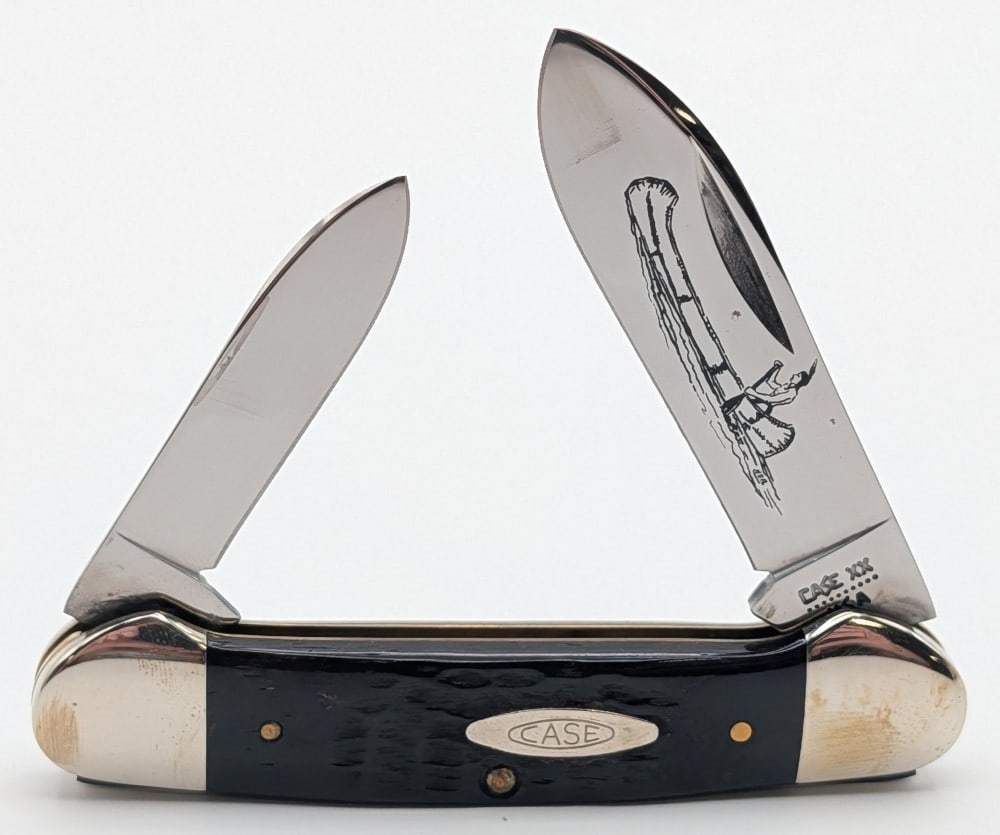 1980 Case XX Jigged Bone Canoe Knife 62131: Knife is in very nice condition with light scuffs on the bolsters from handling. Overall measures 3-5/8in when closed.