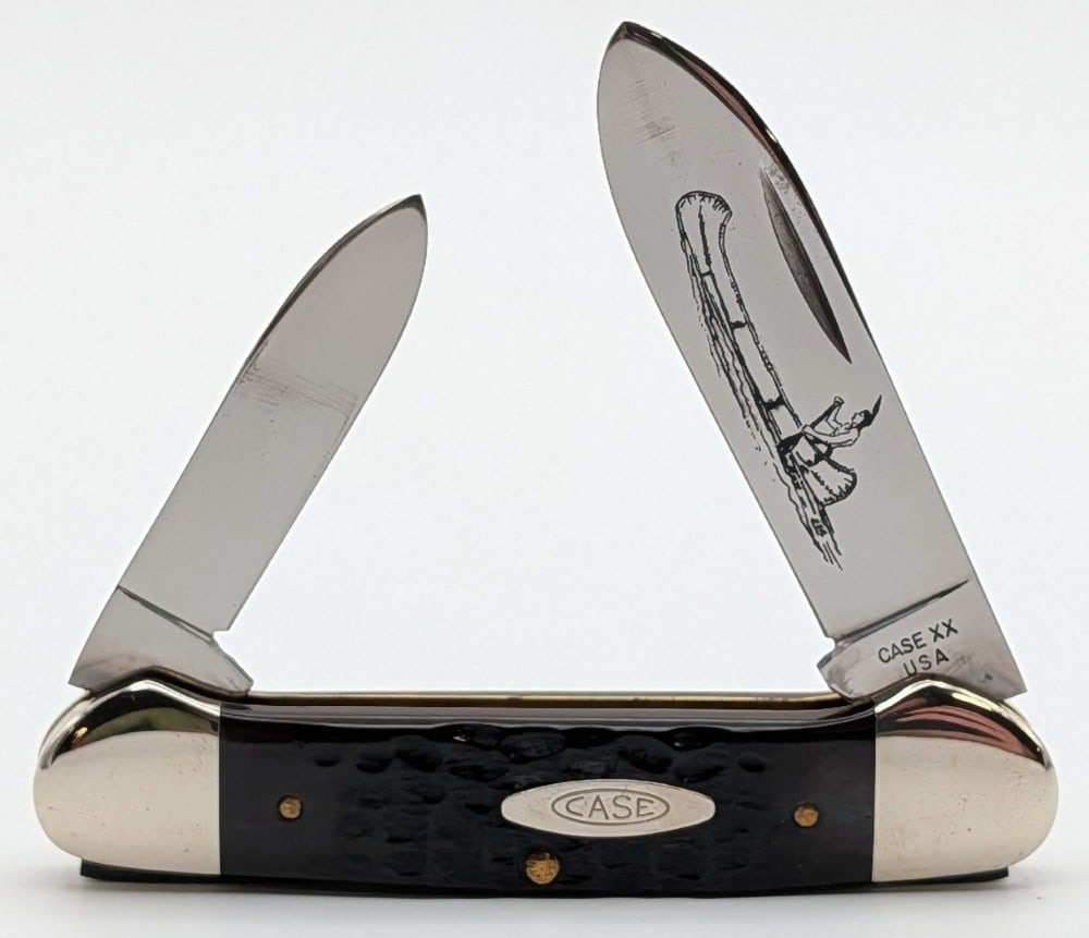 1979 Case XX Pretty Bone Canoe Knife 62131: Knife is in very nice condition with one small tarnish spot by the pull of the main blade, and light scuffs on the bolsters from handling. Overall measures 3-5/8in when closed.