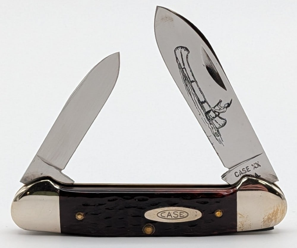 1976 Case XX Pretty Bone Canoe Knife 62131: Knife is in very nice condition with light scuffs on the bolsters from handling. Overall measures 3-5/8in when closed.