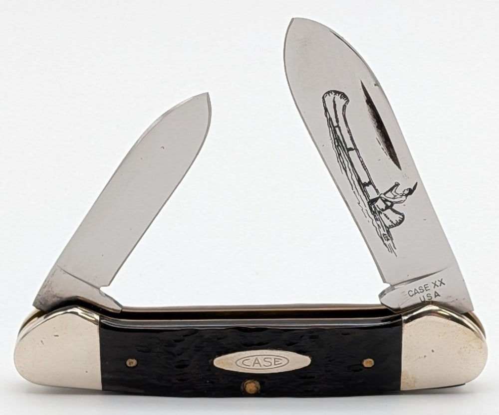 1979 Case XX Jigged Bone Canoe Knife 62131: Knife is in very nice condition with light scuffs on the polished bolsters from handling. Overall measures 3-5/8in when closed.