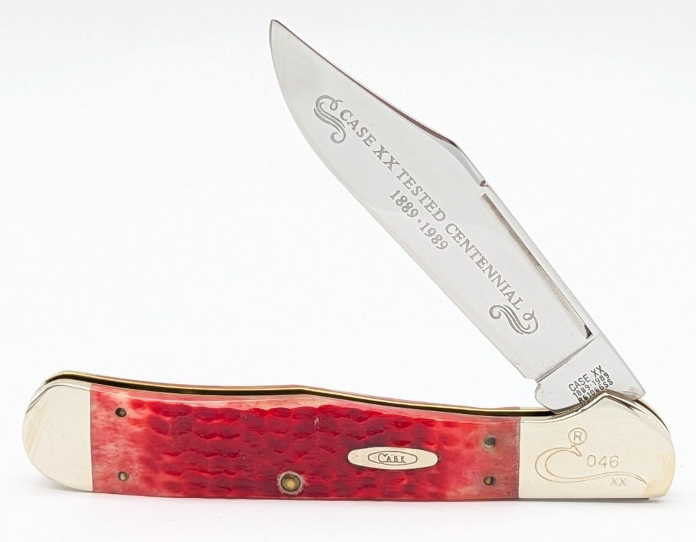Ltd 1989 Case XX Centennial Red Bone Long Pull Copperhead Coke Bottle R61066: Knife is numbered 046, and is in very nice condition with light scuffs from handling. Overall measures 5-3/8in when closed.