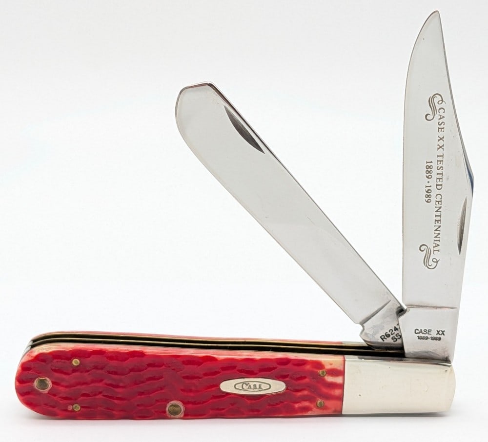 1989 Case XX Centennial Red Bone Two Blade Grand Daddy Barlow R6243: Knife is in very nice condition with light scuffs on the bolsters from handling. Overall measures 5in when closed.