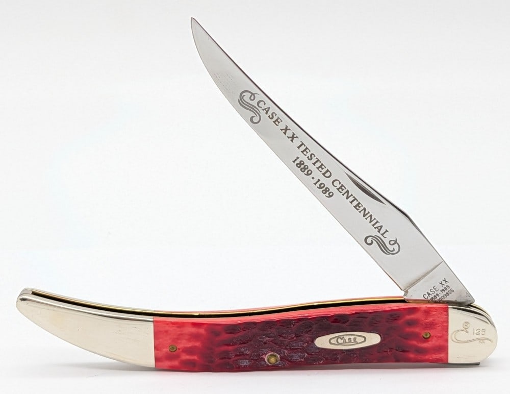 Ltd 1989 Case XX Centennial Red Bone Large Texas Toothpick R610098: Knife is numbered 128, and is in very nice condition with light scuffs on the bolsters from handling. Overall measures 5-1/2in when closed.