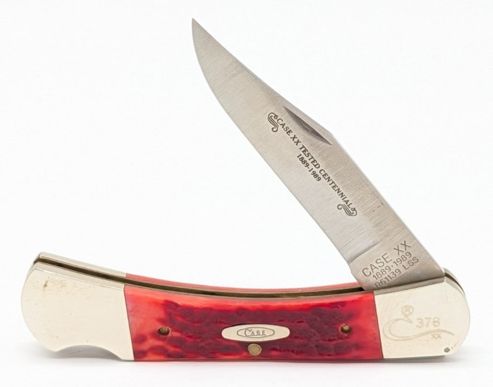 Ltd 1989 Case XX Centennial Red Bone Lockback Knife R61139: Knife is numbered 378, and is in very nice condition with light scuffs on the bolsters from handling. Overall measures 4-7/8in when closed.