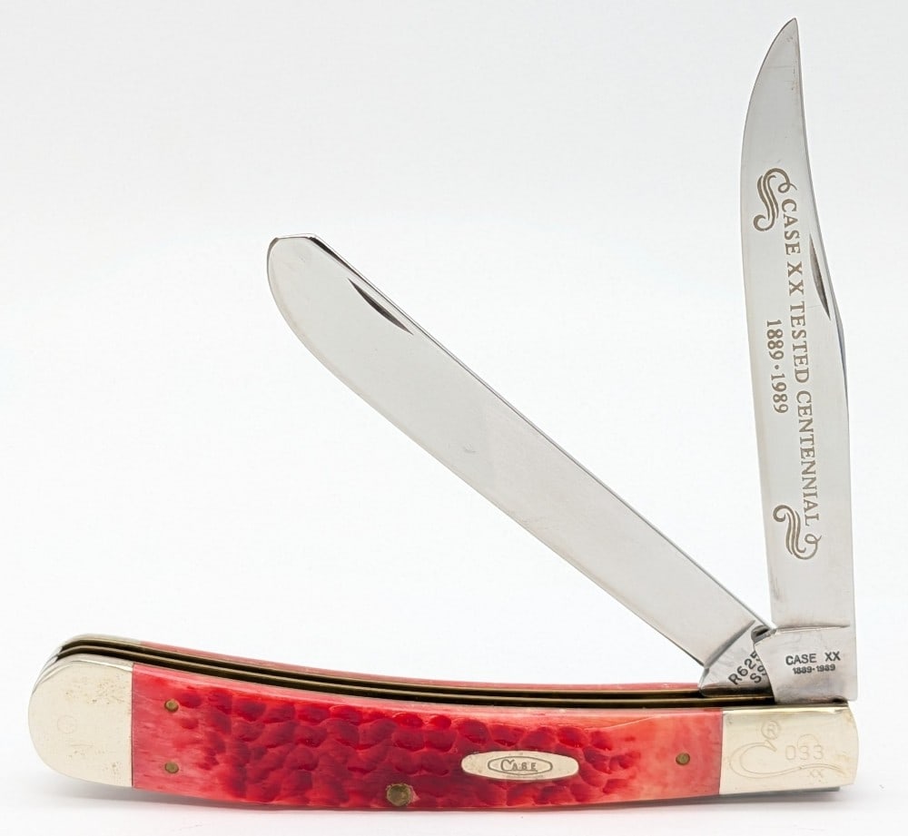 Ltd 1989 Case XX Centennial Red Bone Two Blade Jumbo Trapper R6251: Knife is numbered 033, and is in very nice condition with light scuffs on the bolsters from handling. Overall measures 5-1/4in when closed.