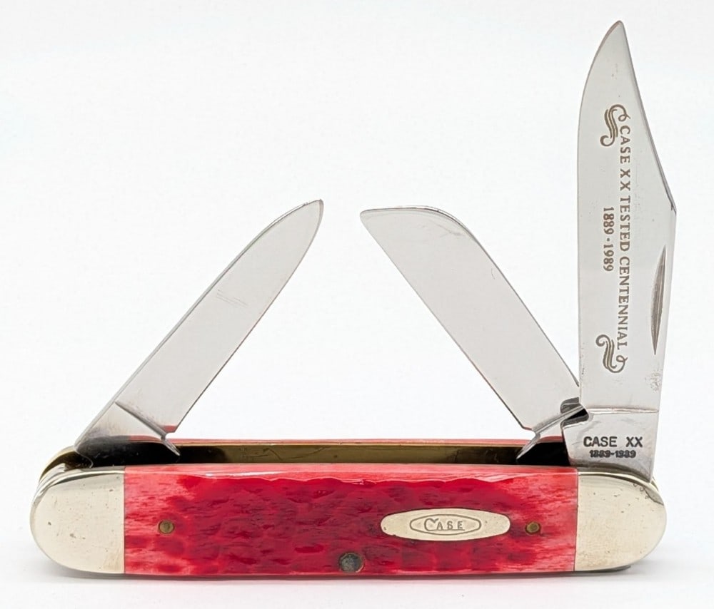 Ltd 1989 Case XX Centennial Red Bone Long Pull Congress R62052: Knife is numbered 236, and is in very nice condition with light scuffs on the bolsters from handling. Overall measures 3-1/2in when closed.