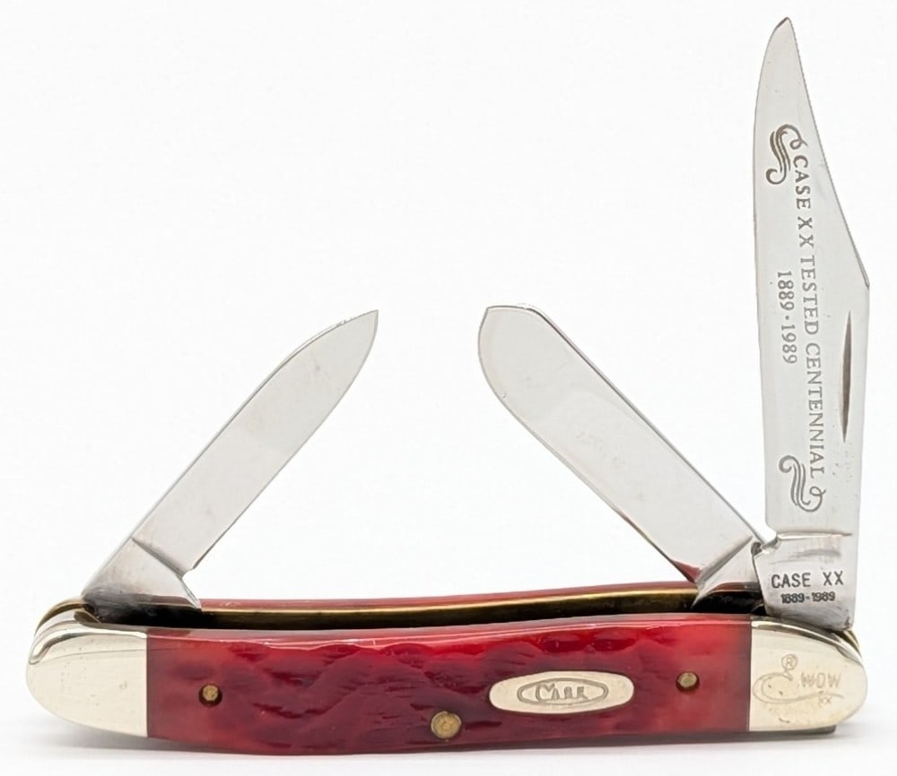 Ltd 1989 Case XX Centennial Red Bone Medium Stockman R63087: Knife is marked WDW, and is in very nice condition with light scuffs on the bolsters from handling. Overall measures 3-1/4in when closed.