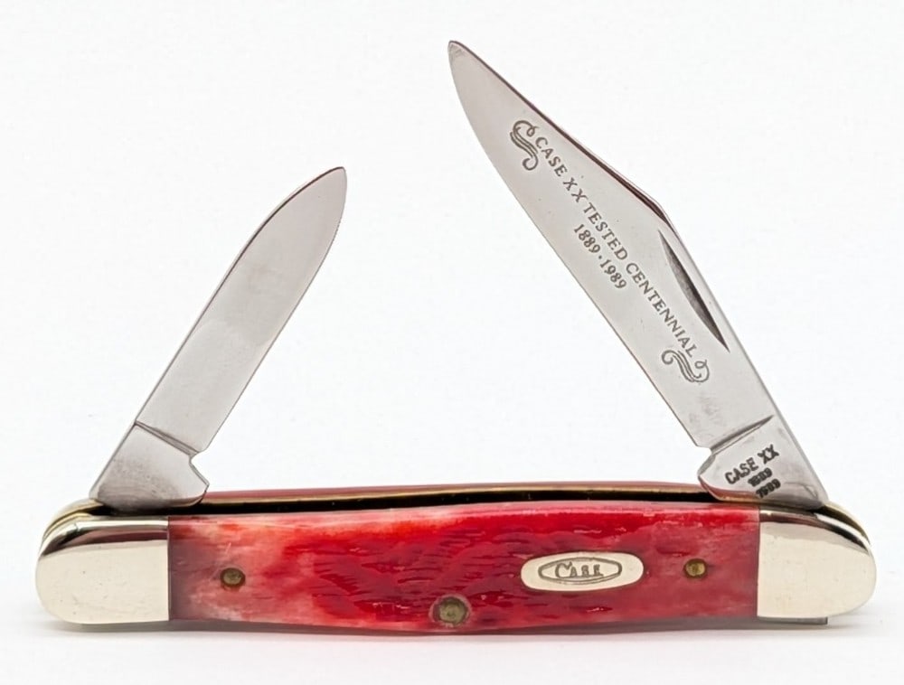 1989 Case XX Centennial Red Bone Whittler R6208: Knife is in very nice condition with light scuffs on the bolsters from handling. Overall measures 3-1/4in when closed.