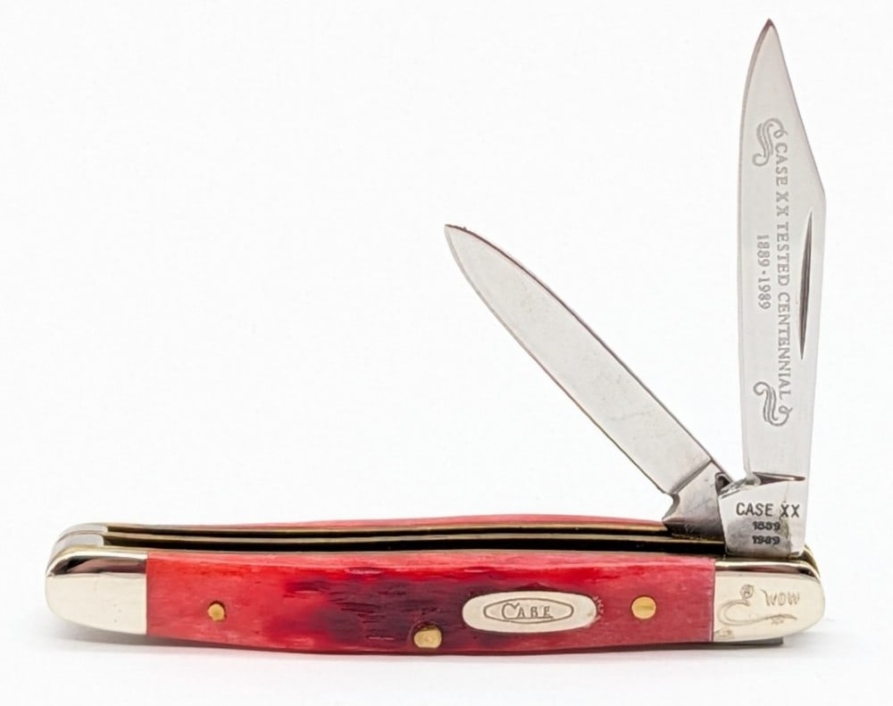 Ltd 1989 Case XX Centennial Red Bone Small Stockman R6227: Knife is marked WDW, and is in very nice condition with light scuffs on the bolsters from handling. Overall measures 2-3/4in when closed.