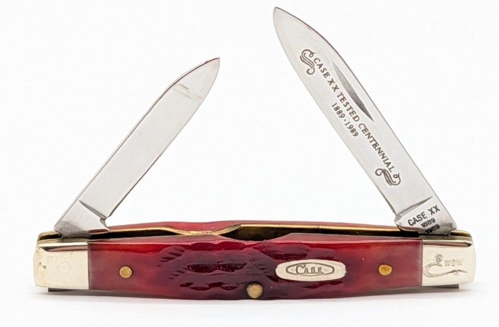 Ltd 1989 Case XX Centennial Red Bone Pen Knife R62042: Knife is marked WDW, and is in very nice condition with light scuffs on the bolsters from handling. Overall measures 2-7/8in when closed.