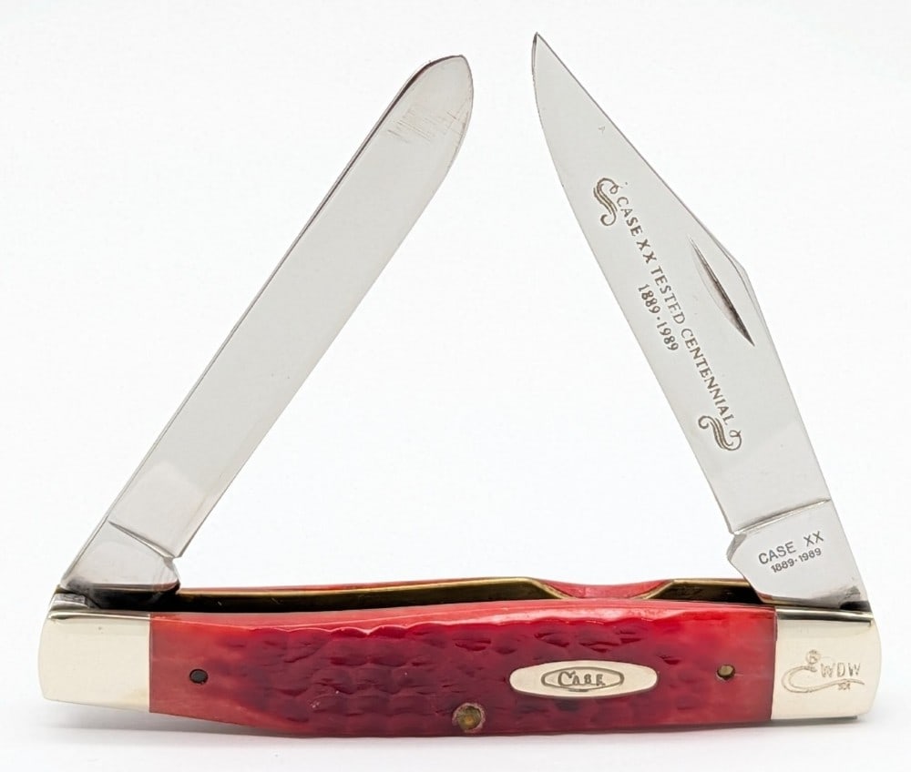 Ltd 1989 Case XX Centennial Red Bone Moose R6275: Knife is marked WDW, and is in very nice condition with light scuffs on the bolsters from handling. Overall measures 4-1/4in when closed.