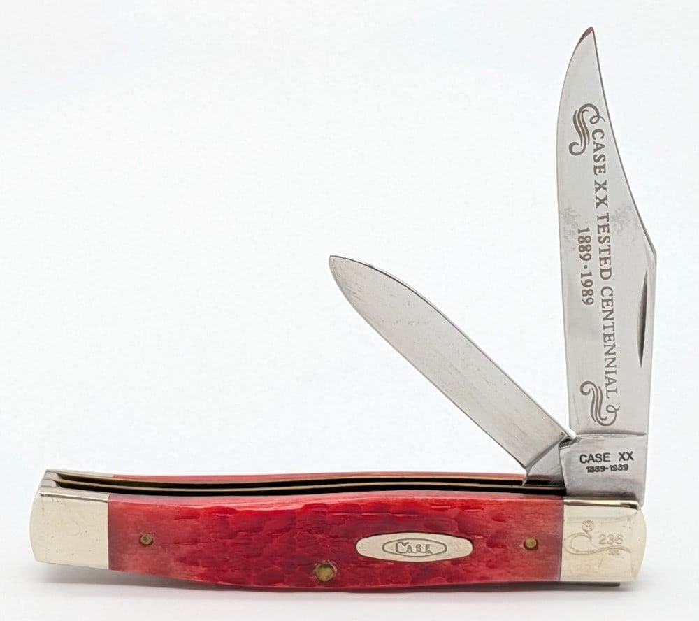 Ltd 1989 Case XX Centennial Red Bone Texas Jack Knife R6292: Knife is numbered 236, and is in very nice condition with light scuffs on the bolsters from handling. Overall measures 4in when closed.