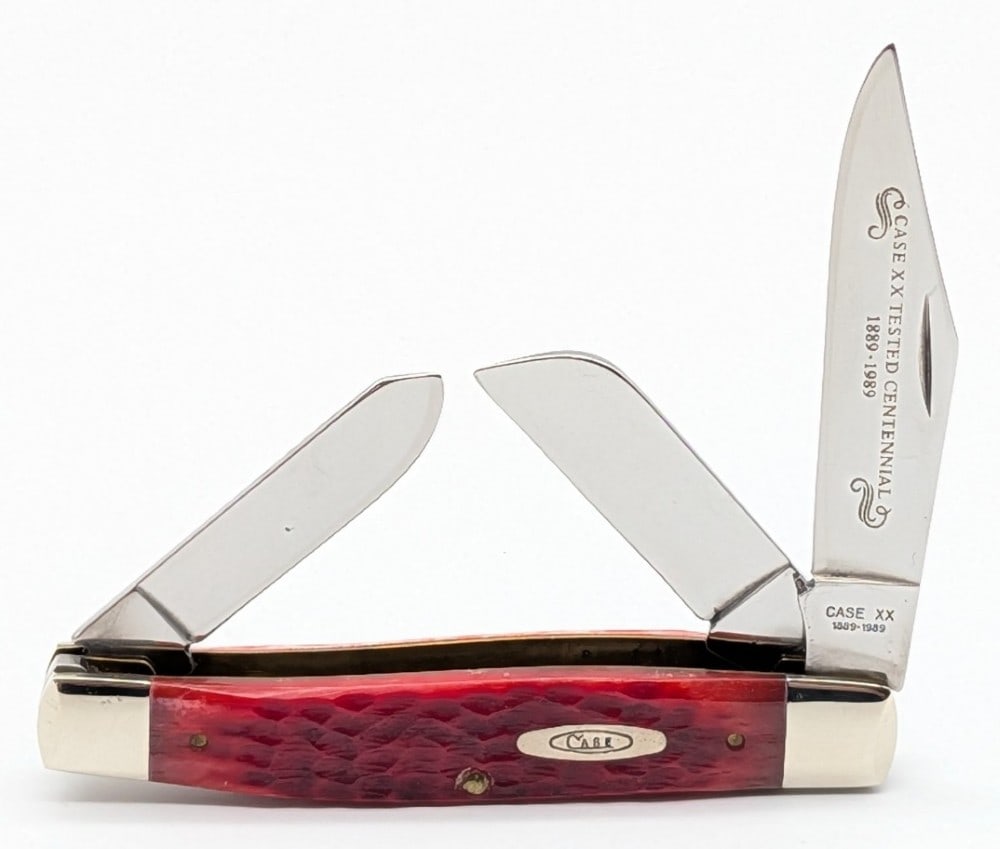 1989 Case XX Centennial Red Bone Large Stockman R6375: Knife is in very nice condition with light scuffs on the bolsters from handling. Overall measures 4-1/4in when closed.