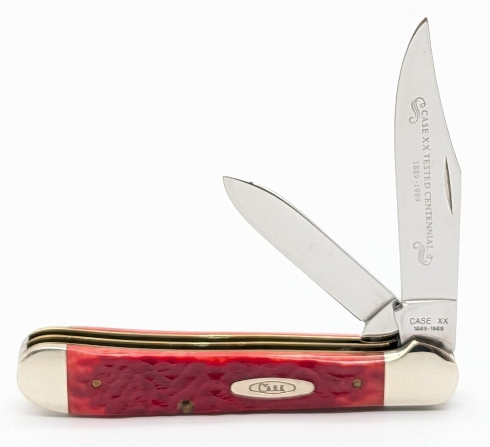 1989 Case XX Centennial Red Bone Copperhead R6249: Knife is in very nice condition with light scuffs on the bolsters from handling. Overall measures 4in when closed.