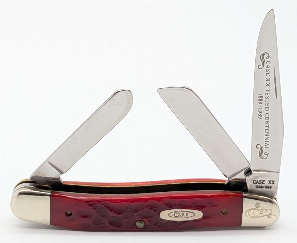 Ltd 1989 Case XX Centennial Red Bone Medium Stockman R6318: Knife is numbered 273, and is in nice condition with some scuffs on the bolsters from handling. Overall measures 3-5/8in when closed.
