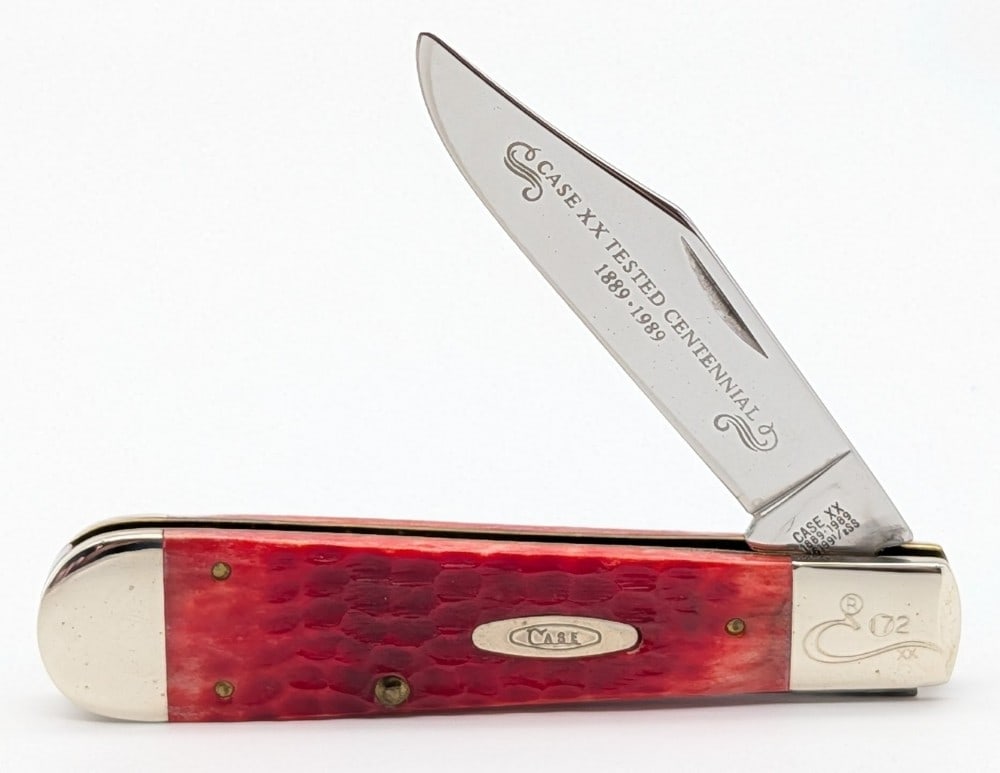 Ltd 1989 Case XX Centennial Red Bone Uneven Jack Knife R6199 1/2: Knife is numbered 172, and is in nice condition with some scuffs on the bolsters from handling. Overall measures 4-1/8in when closed.