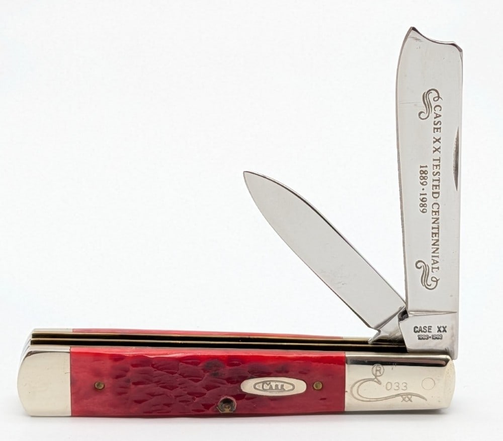 Ltd 1989 Case XX Centennial Red Bone Razor R62005: Knife is numbered 033, and is in very nice condition with light scuffs on the bolsters from handling. Overall measures 3-7/8in when closed.