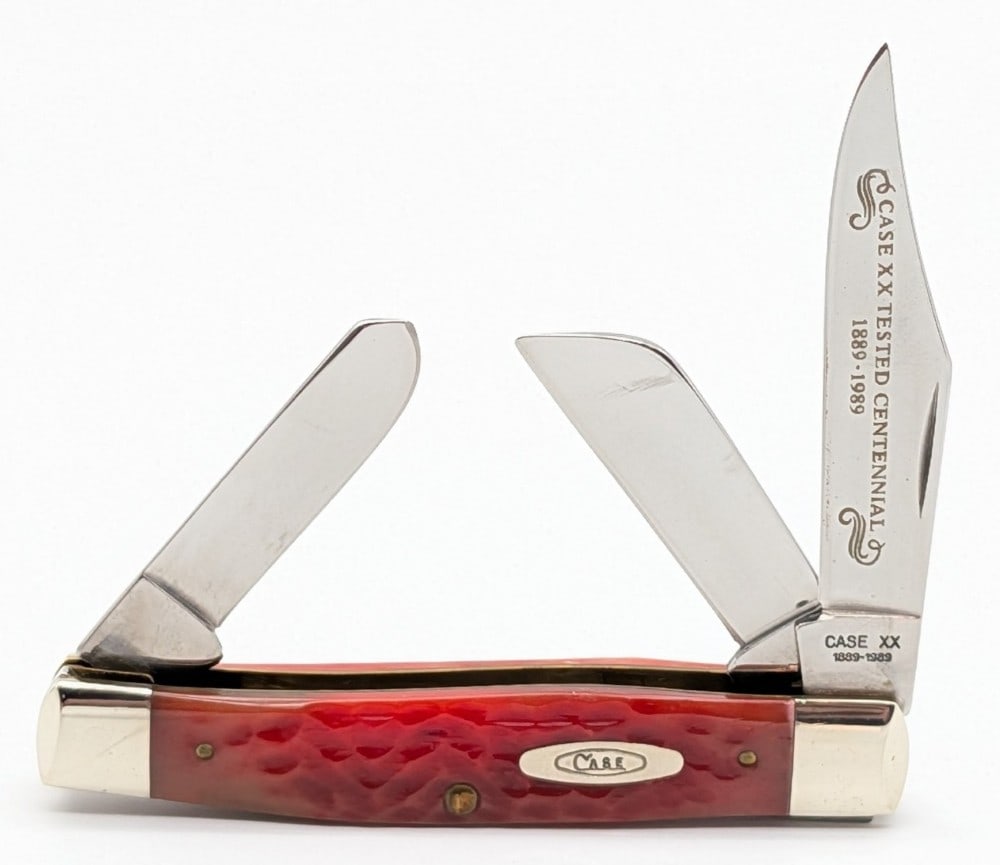 1989 Case XX Centennial Red Bone Stockman R6392: Knife is in very nice condition with light scuffs on the bolsters from handling. Overall measures 4in when closed.