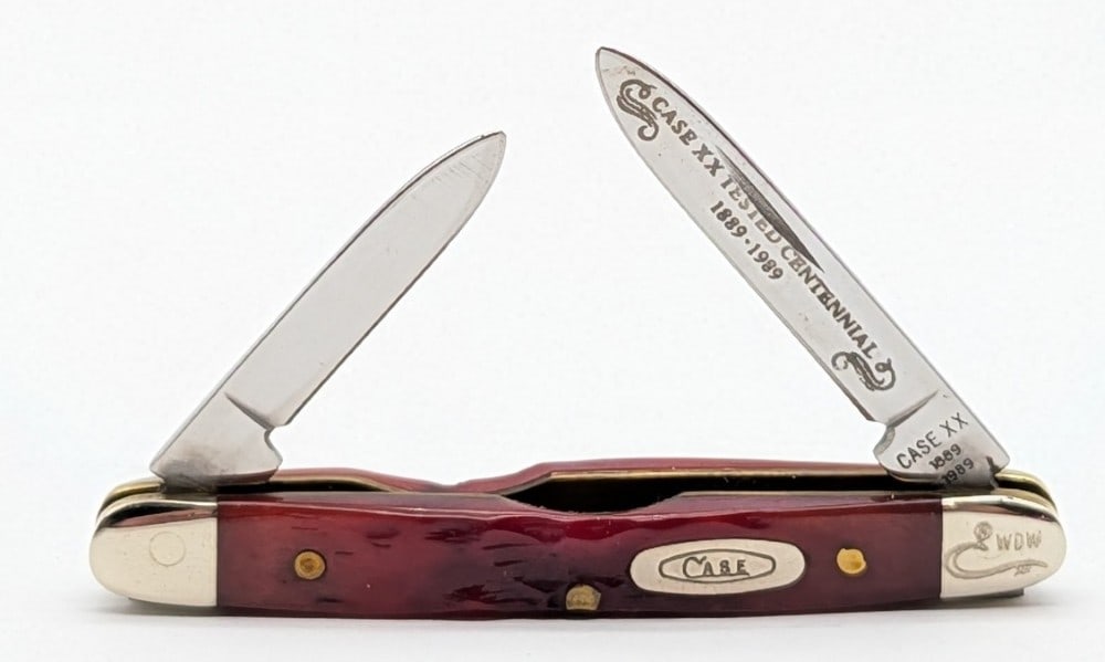 Ltd 1989 Case XX Centennial Red Bone Small Pen Knife R6201: Knife is marked WDW, and is in very nice condition with light scuffs on the bolsters from handling. Overall measures 2-5/8in when closed.