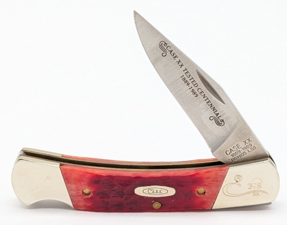 Ltd 1989 Case XX Centennial Red Bone Small Caliber Lockback R61405: Knife is numbered 378, and is in very nice condition with light scuffs on the bolsters from handling. Overall measures 3-3/4in when closed.