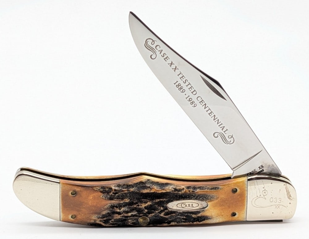 Ltd 1989 Case XX Centennial Stag Folding Hunter 5165: Knife is numbered 033, and in nice condition with light scuffs and some tarnishing on the bolsters from handling. Overall measures 5-1/4in when closed.