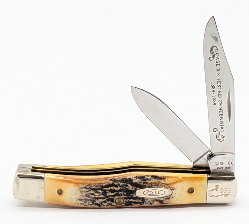 Ltd 1989 Case XX Centennial Stag Texas Jack Knife 52032: Knife is numbered 033, and is in very nice condition with light scuffs on the bolsters from handling. Overall measures 3-1/2in when closed.