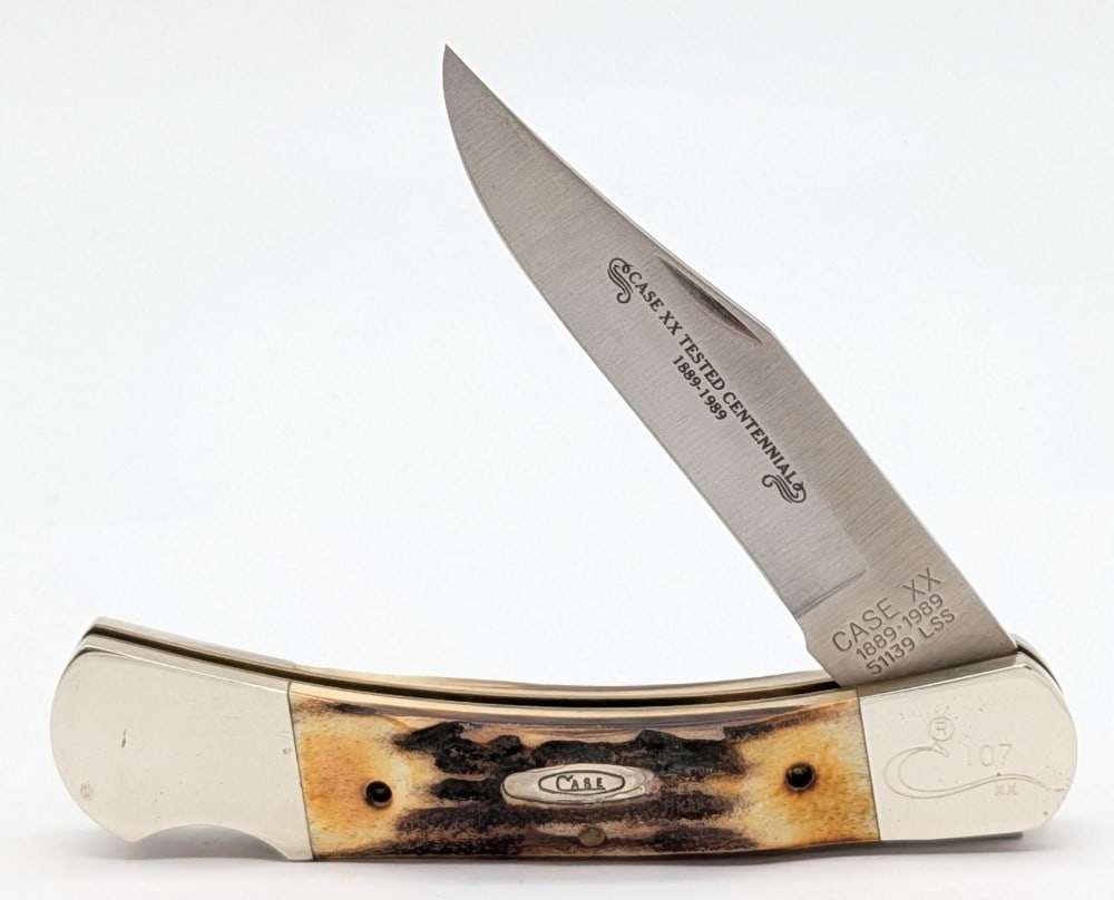 Ltd 1989 Case XX Centennial Stag Lockback Knife 51139: Knife is numbered 107, and is in very nice condition with light scuffs and some tarnishing on the bolsters from handling. Overall measures 4-7/8in when closed.