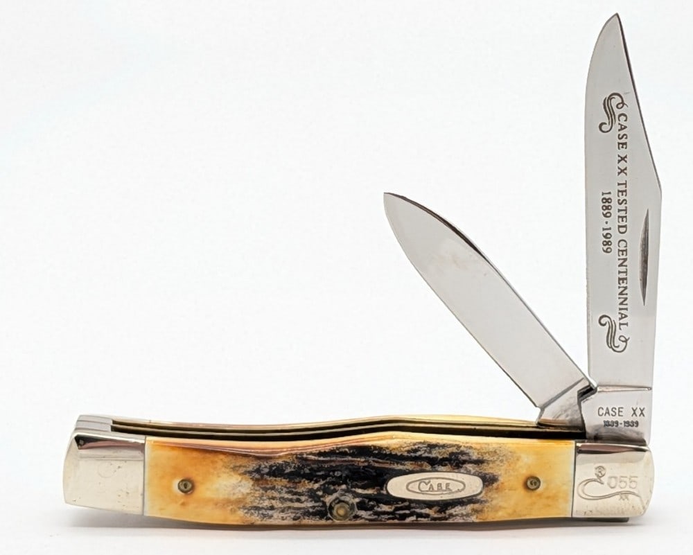 Ltd 1989 Case XX Centennial Stag Texas Jack Knife 52032: Knife is numbered 055, and is in nice condition with light scuffs on the bolsters from handling. Overall measures 3-1/2in when closed.
