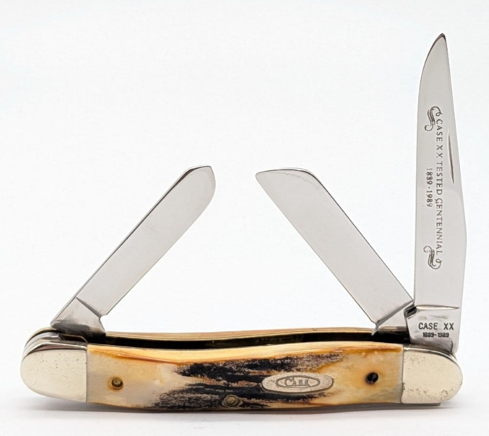 Ltd 1989 Case XX Centennial Stag Medium Stockman 5318: Knife is in nice condition with light scuffs and some tarnishing on the bolsters from handling. Overall measures 3-5/8in when closed.