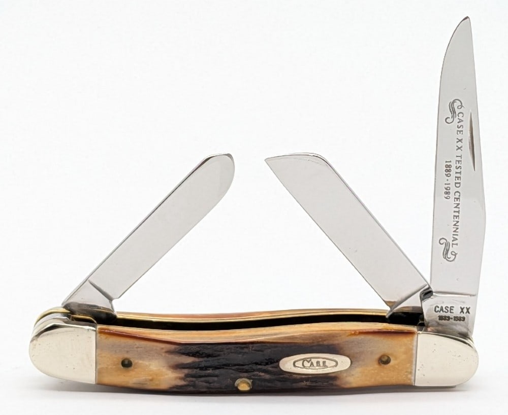 1989 Case XX Centennial Stag Medium Stockman 5318: Knife is in nice condition with light scuffs and some tarnishing on the bolsters from handling. Overall measures 3-5/8in when closed.