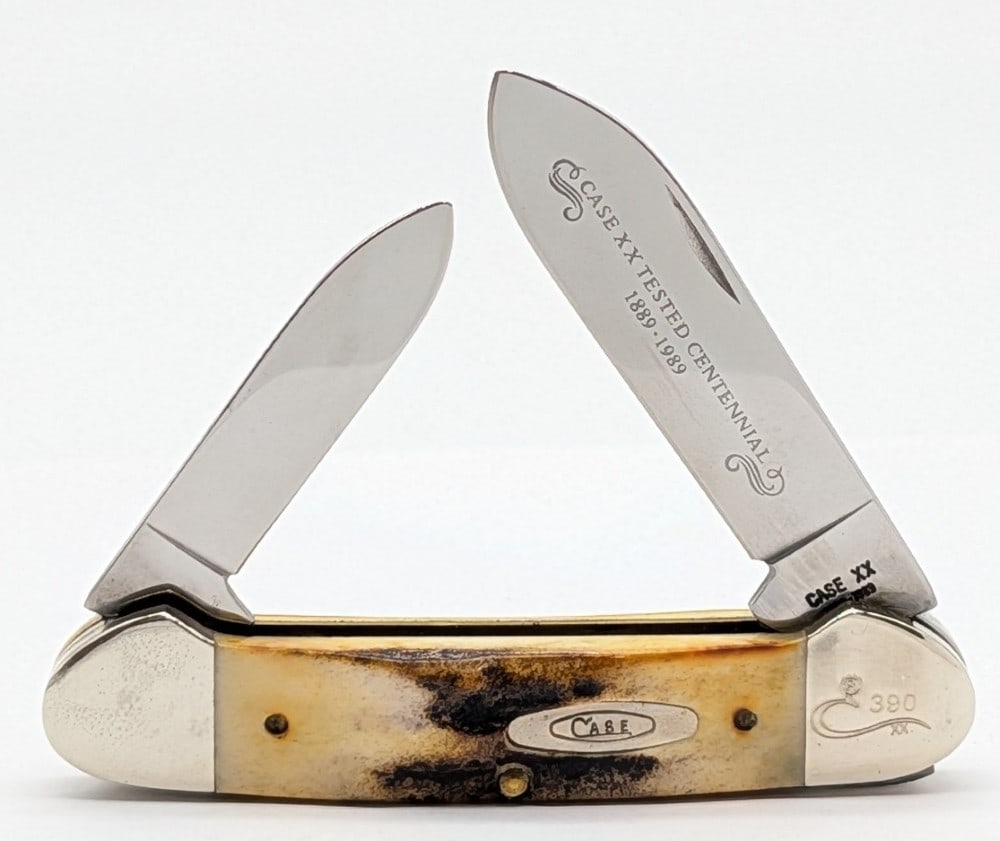 Ltd 1989 Case XX Centennial Stag Canoe Knife 52131: Knife is numbered 390, and is in nice condition with light scuffs and some tarnishing on the bolsters from handling. Overall measures 3-5/8in when closed.