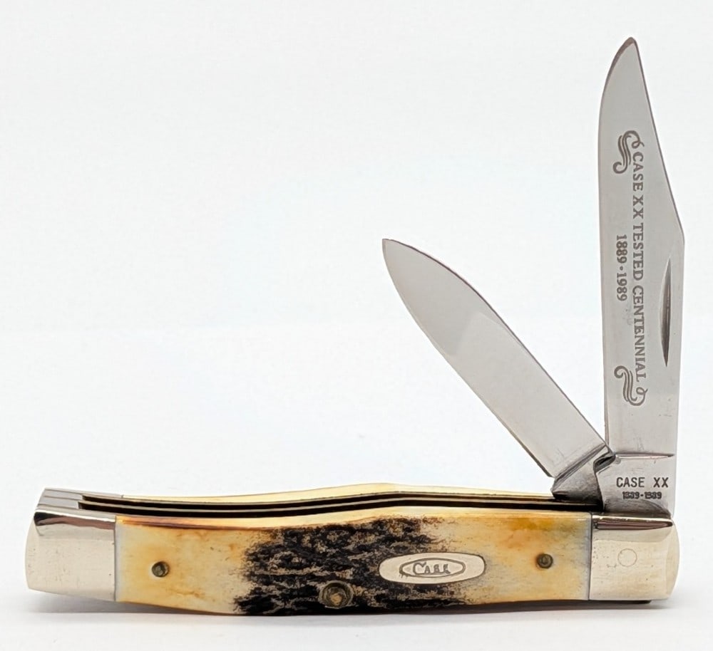 1989 Case XX Centennial Stag Texas Jack Knife 52032: Knife is in very nice condition with light scuffs and some tarnishing on the bolsters from handling. Overall measures 3-1/2in when closed.