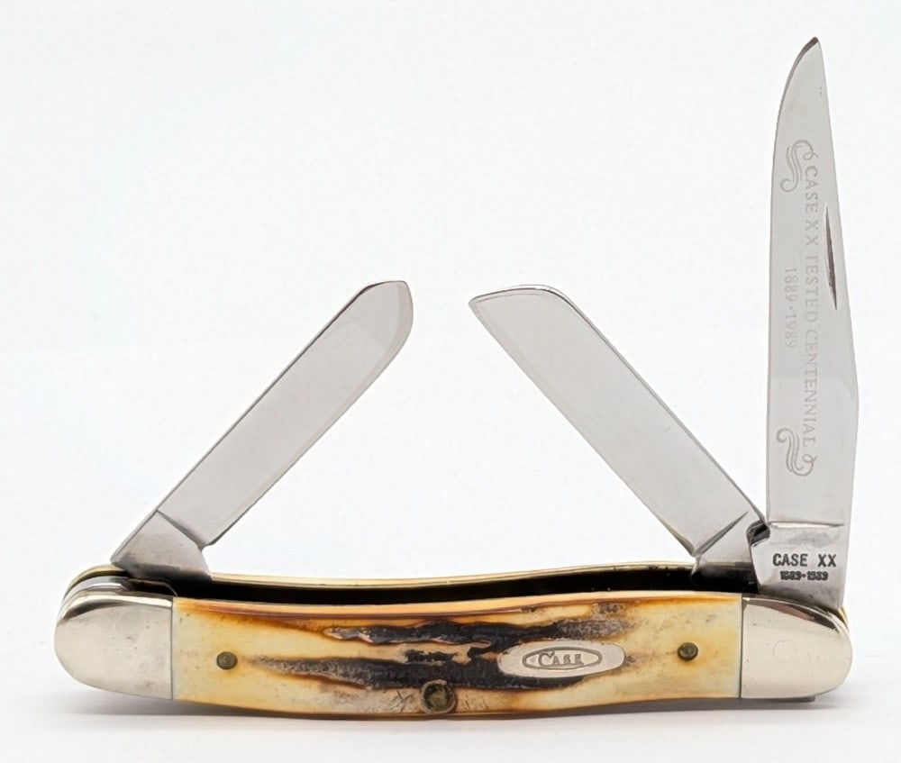 1989 Case XX Centennial Stag Medium Stockman 5318: Knife is in very nice condition with light scuffs and some tarnishing on the bolsters from handling. Overall measures 3-5/8in when closed.