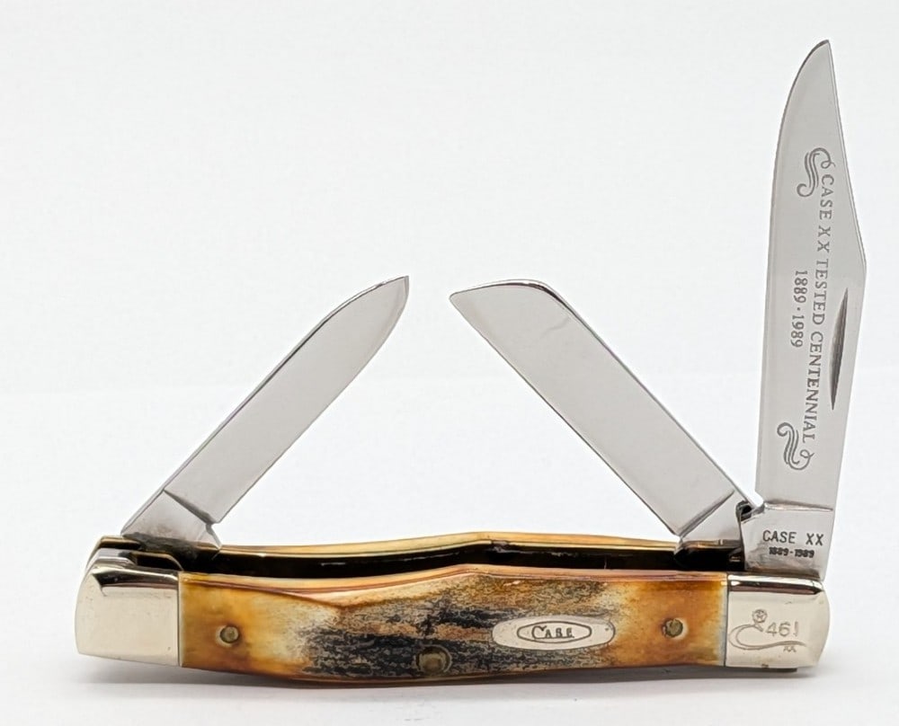 Ltd 1989 Case XX Centennial Stag Stockman 53032: Knife is numbered 461, and is in very nice condition with light scuffs and some tarnishing on the bolsters from handling. Overall measures 3-1/2in when closed.
