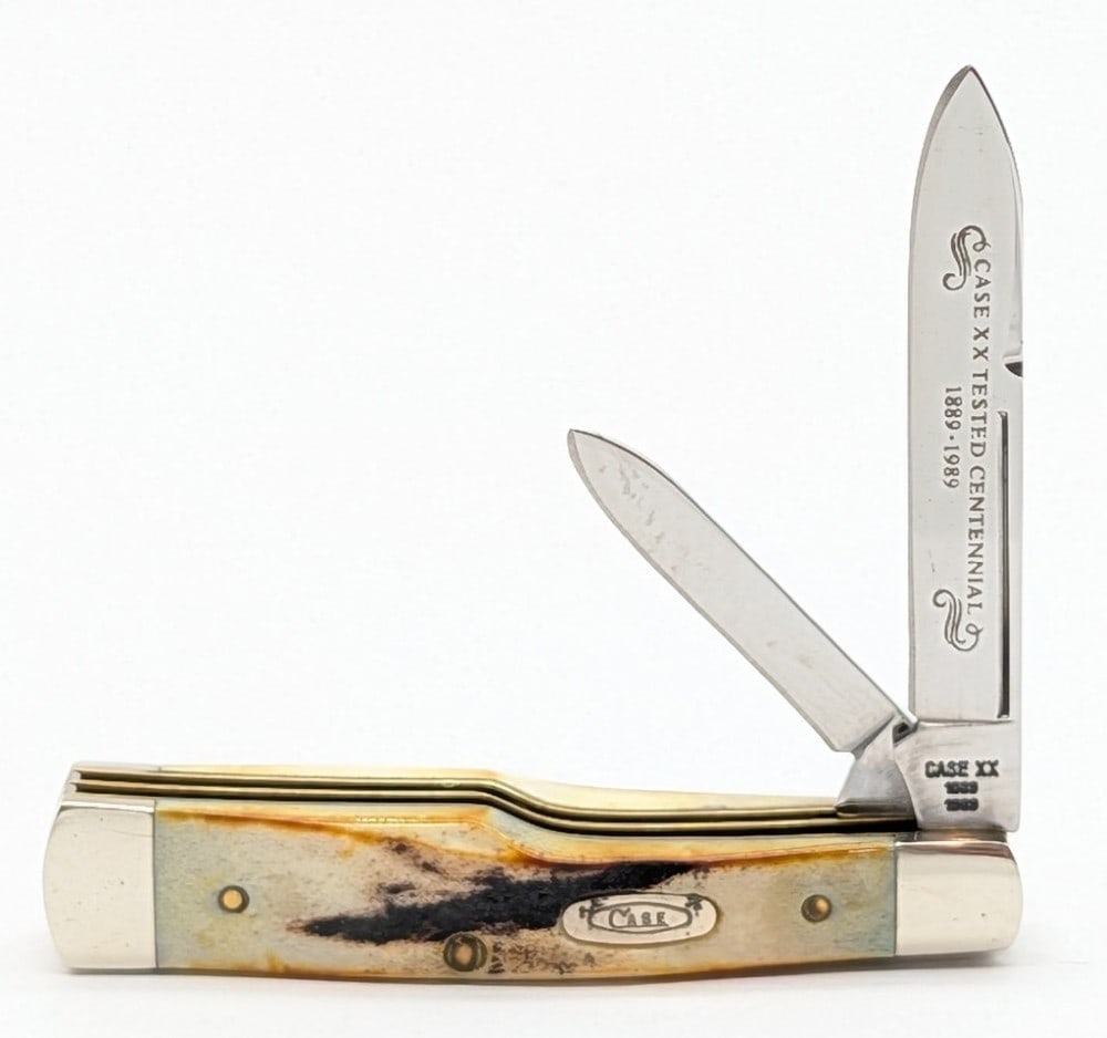 1989 Case XX Centennial Stag Long Pull Small Gunstock 5215: Knife is in very nice condition with light scuffs on the bolsters from handling. Overall measures 3in when closed.