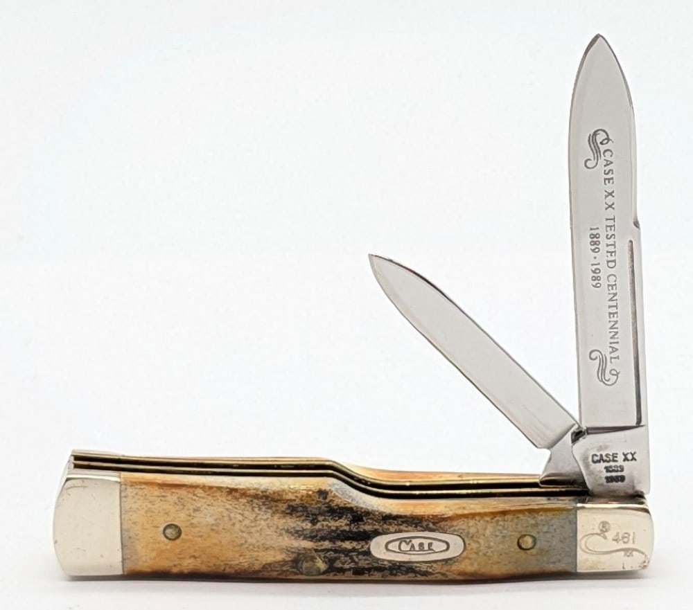Ltd 1989 Case XX Centennial Stag Long Pull Small Gunstock 5215: Knife is numbered 461, and is in very nice condition with light scuffs on the bolsters from handling. Overall measures 3in when closed.