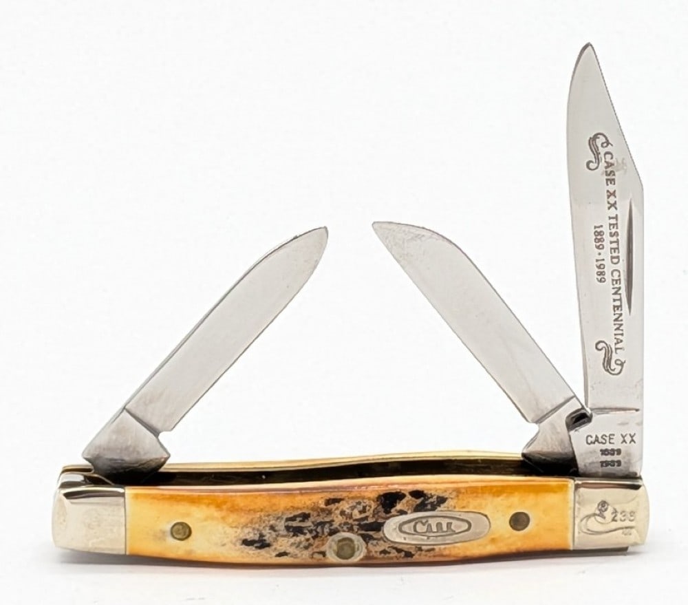 Ltd 1989 Case XX Centennial Stag Small Stockman 5333: Knife is numbered 236, and is in very nice condition with light scuffs on the bolsters from handling. Overall measures 2-5/8in when closed.